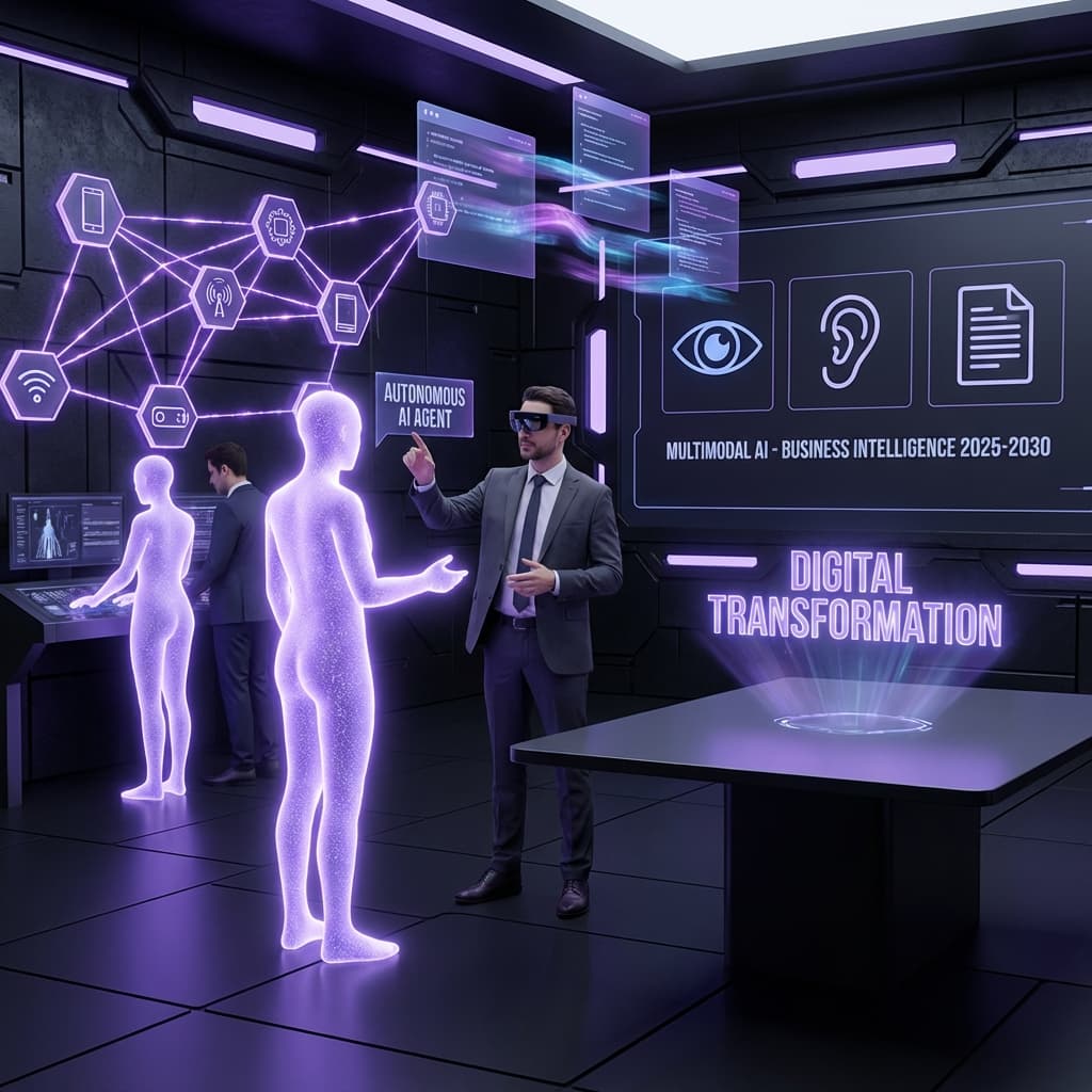 Visualización futurista de agentes de IA trabajando junto a humanos en entornos empresariales