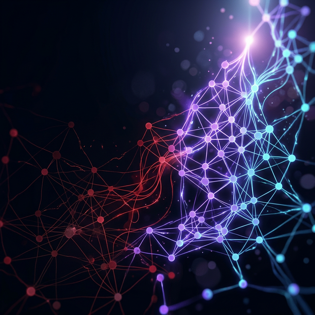 Diagrama de dos columnas titulado 'SEO de Palabras Clave vs. SEO de Datos'. Columna izquierda: optimización basada en densidad de keywords, meta tags simples, sin estructura de datos. Columna derecha: arquitectura de Topic Clusters, Schema Markup JSON-LD en capas (Article, FAQPage, HowTo, Organization), señales de EEAT verificadas, conexión al Knowledge Graph de Google. La columna derecha está conectada visualmente a los resúmenes de SGE.